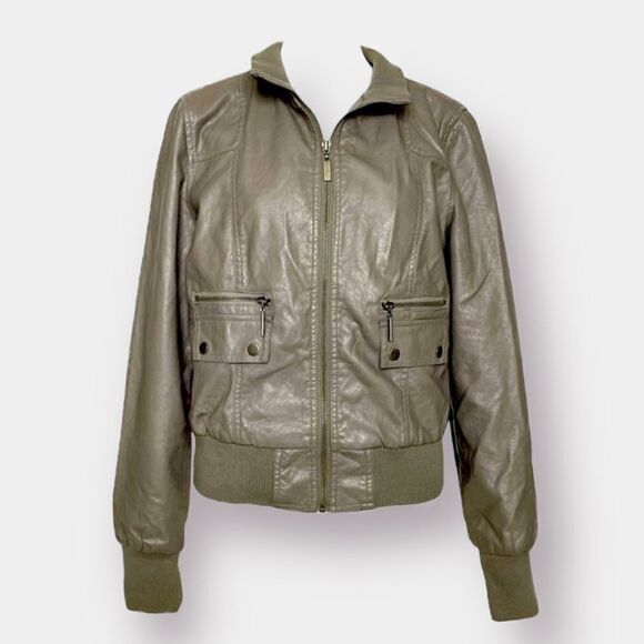 Bomber Jacket Vegan Leather Size Large Paris Blues gray Brown - Picture 1 of 5